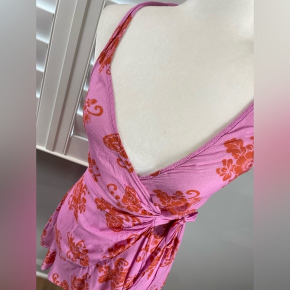By Anthropologie Halter Neck Ruffle Wrap Mini Dress/Cover Up XXS Pink Floral - Picture 14 of 16